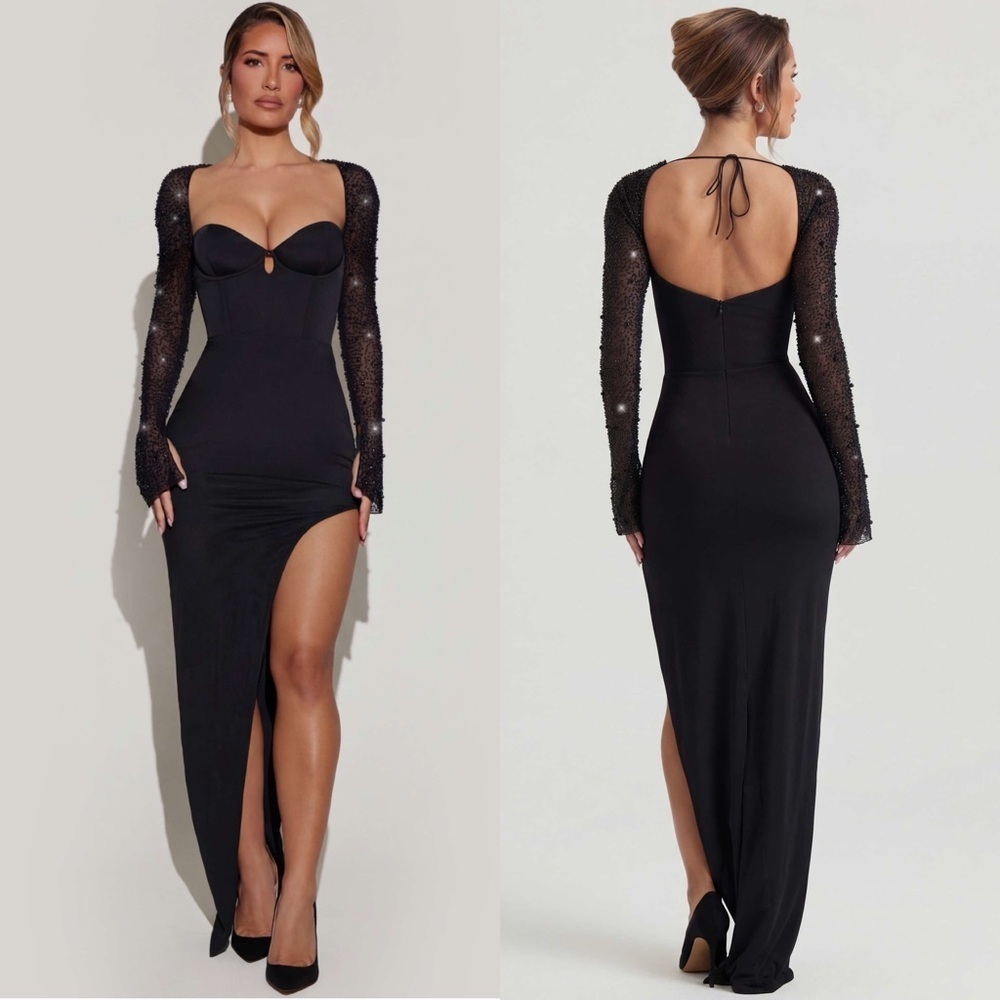 Oh Polly- San Marino- Embellished Side Split Maxi Dress in Black Size 8